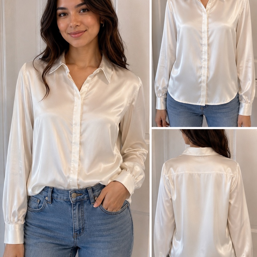Classic Satin Button-Up Blouse in Ivory